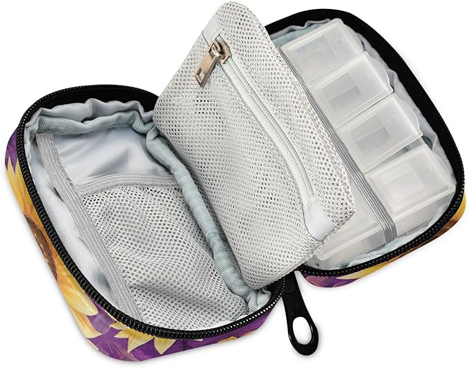 Purple Flower Sunflower Pill Organizer Box Case Container Weekly Travel Daily 7 Day Pill Dispenser Sorter Vitamin Holder Medication Medicine Organizer Case for Purse Small Compact Portable Cute