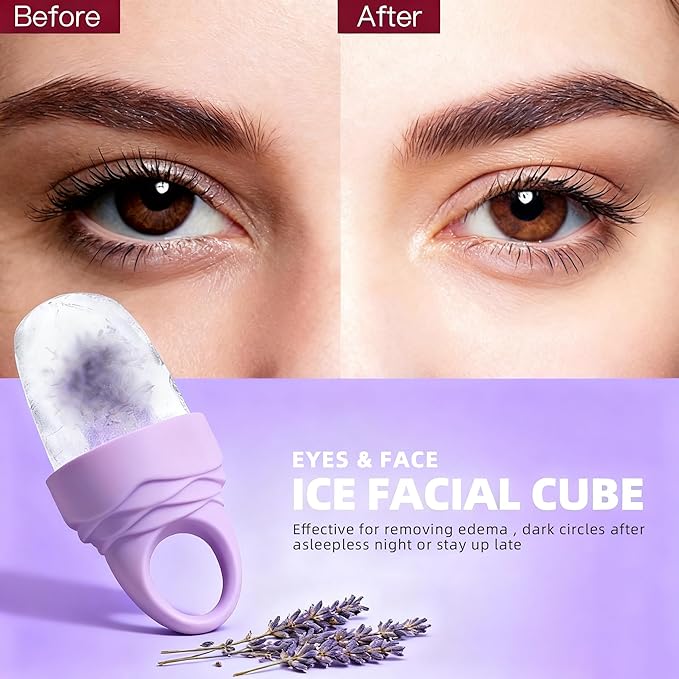3 Pcs Facial Ice Roller Silicone Mold Reusable for Face Women and Eye Neck Cold Skin Care Tools Freezer De Puff Eye Bags Reduce Migraine Pain Pink 2 + Purple 1