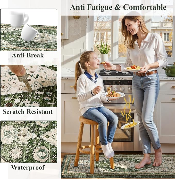 Collive Anti Fatigue Mats for Kitchen Floor, Comfort Non Slip Kitchen Floor Mats Cushioned Standing Desk Mat for Office, Laundry, Sink, 17”x47” Green Waterproof Kitchen Rugs
