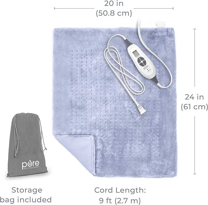 Pure Enrichment PureRelief Ultra-Wide Microplush Heating Pad - 20” x 24” XXL Size & 6 Heat Settings for Temporary Neck, Shoulder & Back Pain Relief - Moist Heat Option & Machine Washable (Periwinkle)