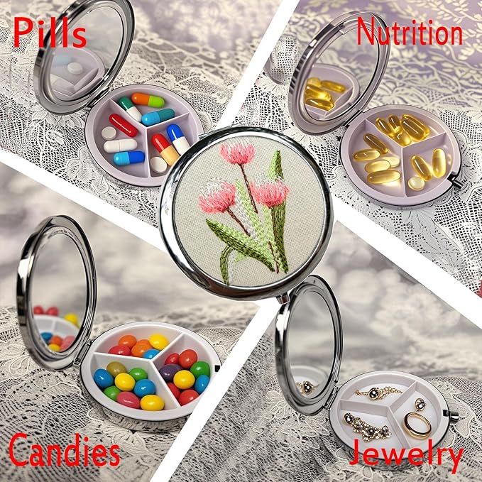 Leimandy Diameter 7cm Pill Case Pill Box with Mirror Retro 3 Compartment Pill Box Compact Mirror Moisture Proof Pill Case Travel Size Pill Case 7 Day Birthday Gift Mother's Day Gift L3 (Pink Tulip)