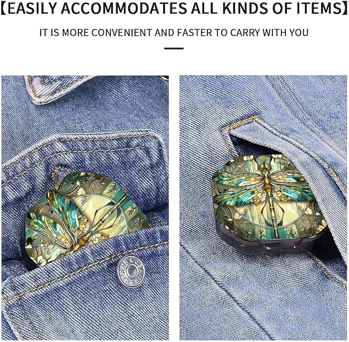 This Portable Vintage Stained Glass Dragonfly Pattern 4-Compartment Pillbox Can Be Placed in A Pocket Or Wallet to Store Vitamins, Medicines Fish Oil Health Supplements Other Medications.