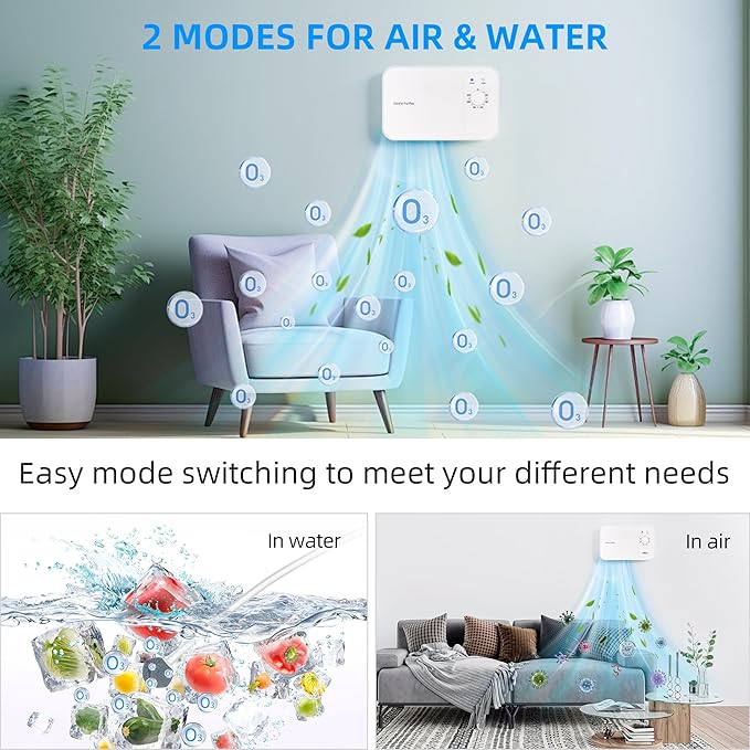 800mg/h Multipurpose Ozone Machine with Timer, for Air and Water, Portable for Home, Office, Car, Hunting, Kitchen, Cold Plunge, Fruits & Vegetables