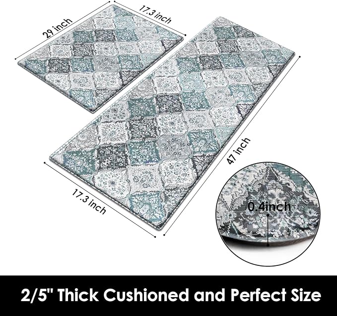 Arttown Boho Anti-Fatigue Kitchen Rug Set of 2 Morocco Cushioned Floor Standing Mat Waterproof Non-Slip Mat and PVC Ergonomic Comfort Foam Rug