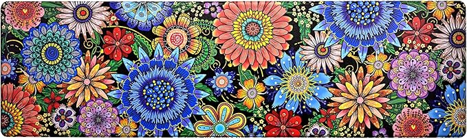 Likiyol Boho Kitchen Rugs Boho Floral Anti Fatigue Kitchen Mat for Floor Bohemian Flowers Non Slip Washable Kitchen Floor Mats, Comfort Standing Mat for Sink, Laundry, 18''x60'', 0.47" Th, Blue
