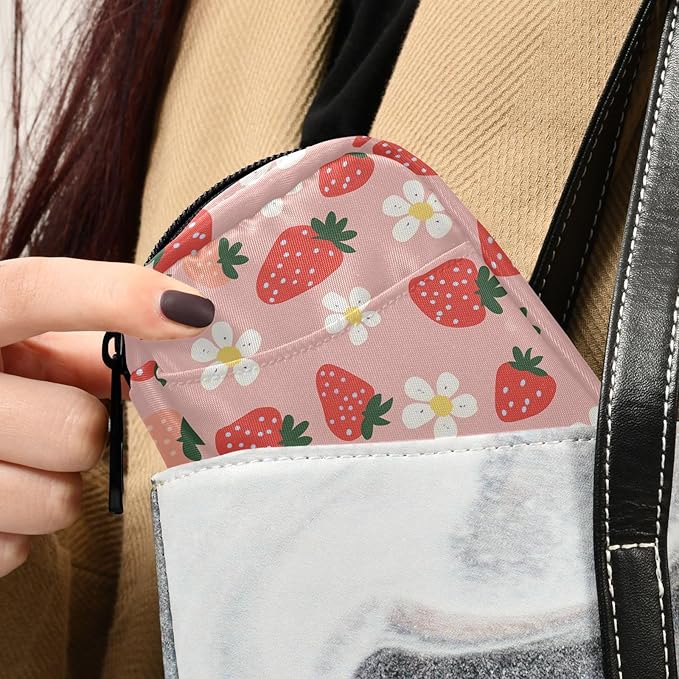 Fustylead Hand Draw Strawberry and Cute Flower on Pink Background Pill Organizer for Purse, Weekly Portable Pill Box with Zipper to Storage Vitamins Fish Oils Medications Supplements
