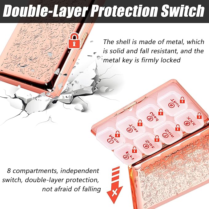 Portable 7-Day Metal Pill Case, Featuring 8 Compartments—Perfect for Travel. BPA-Free. (L-Pink, Large)