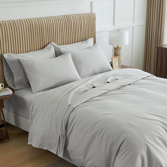 Simple&Opulence Belgian Linen Sheet Set Solid Color - 6 Pieces (1 Flat Sheet & 1 Fitted Sheet & 4 Pillowcases) 16" Deep Pocket Natural Flax Cotton Blended Soft Bedding - Khaki Grey, King Size