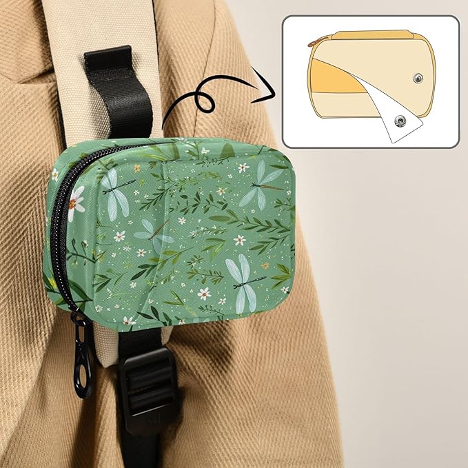 Pastoral Green Dragonflies Flowers Leaves Travel Pill Organizer Case Box Container Weekly Portable Vitamin Medicine Holder Storage Bag with Zipper Removable