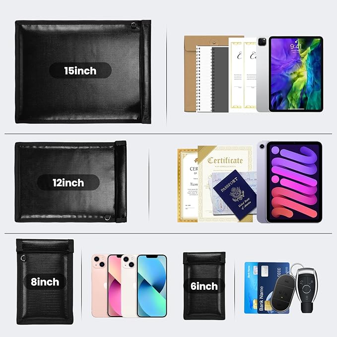 Faraday Bags, Waterproof Fireproof Money Bag for Cash, Important Document Storage Organizer for Valuables, Legal Documents Safe, Fireproof & Waterproof (Black)