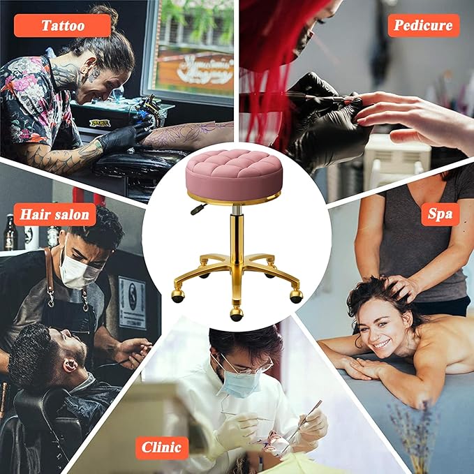 Rolling Stool Gold Vanity Stool with Wheels, Pedicure Massage Roller Stools, PU Leather Round Swivel Salon Spa Chair, Titanium Gold Base, Height Adjustable 43-55 cm (Pink)