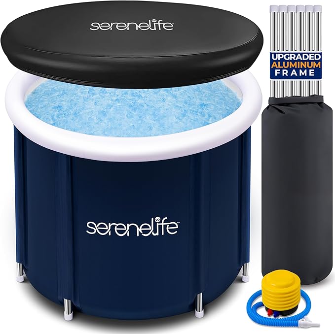 SereneLife Inflatable Insulated Cold Plunge Tub - Cold Plunge Relaxation Pod for Athletes, One Person Ice Bath Tub with Lid with 78 Gallons Capacity (Black)