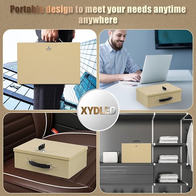 xydled Fire Resistant Safe Fire Safe Box with Key Lock for Home Office Security Storage for Valuables Documents,12.8 x 8.5 x 4.5 Inch,Sand