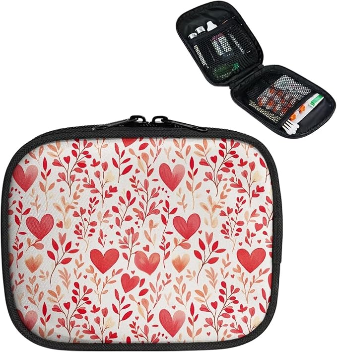 Heart Print Travel Medicine Case Leaves Weekly Pill Organizer Box Washable Small Vitamin Storage Bag Portable Supplement Holder with Zipper