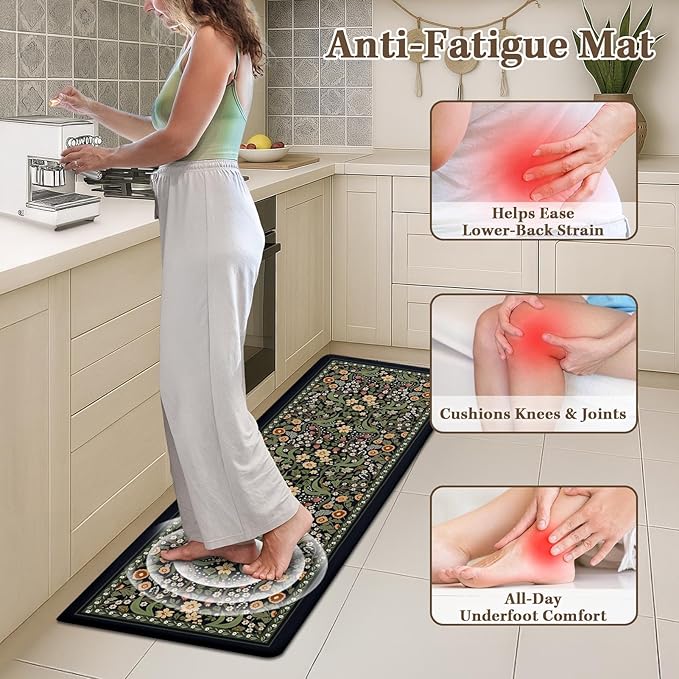 Arttown Kitchen Mats for Floor 2Pcs-Anti Fatigue Non Slip Mats for Kitchen Floor, Cushioned Waterproof & Stain-Resistant Plant Floral Mat Set, Laundry Room, Office, Sink, Desk (Black)