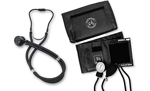 EMI 330-ST Stealth Black Sprague Stethoscope and Aneroid Sphygmomanometer Blood Pressure Set - Manual BP Cuff Kit for Nurses, Doctors, and Students