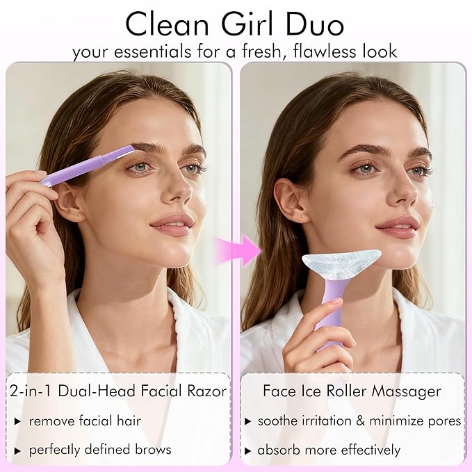 Azrra Ice Roller for Face and Dermaplane Razor, Ice Face Roller Reduces Puffiness, Minimize Pores, Reusable Massage Silicone Ice Mold with 2 Dual-head Face Razor