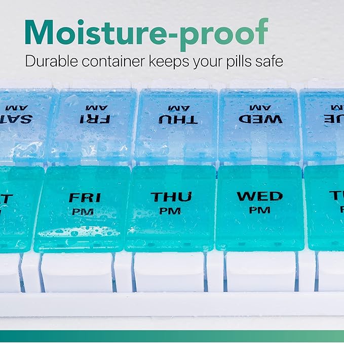 Sukuos AM PM Weekly 7 Day Pill Organizer, 2 Times A Day Pill Box with Arthritis Friendly Push Button, Medicine Cases for Vitamin/Fish Oil/Supplements, Easy to Clean (Cyan&Blue)