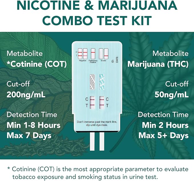 Easy@Home Multi-Drug Screen Test, 5 Pack Marijuana & Nicotine Urine Drug Test Kits, Testing for THC and Nicotine Metabolites Cotinine(COT) in Urine, Accurate Home Drug Testing Kits, EDOAP-124