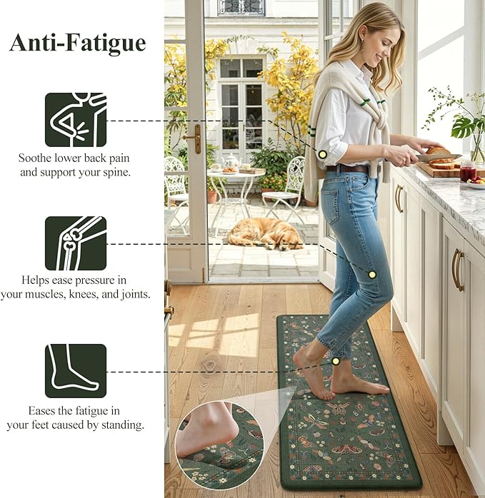 LEEVAN Anti Fatigue Mats for Kitchen Floor Non-Slip, Cushioned Kitchen Mats for Floor 2 Piece, Green Memory Foam Kitchen Mat Set, Waterproof Ergonomic Standing Mat for Bar, Office,Desk, Laundry