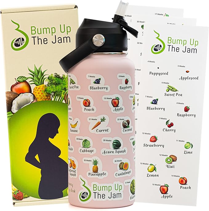 Pregnancy Water Bottle Tracker - 32 Ounce Stainless Steel - Includes Weekly Pregnancy Tracker Stickers (Pink Parchment Color)