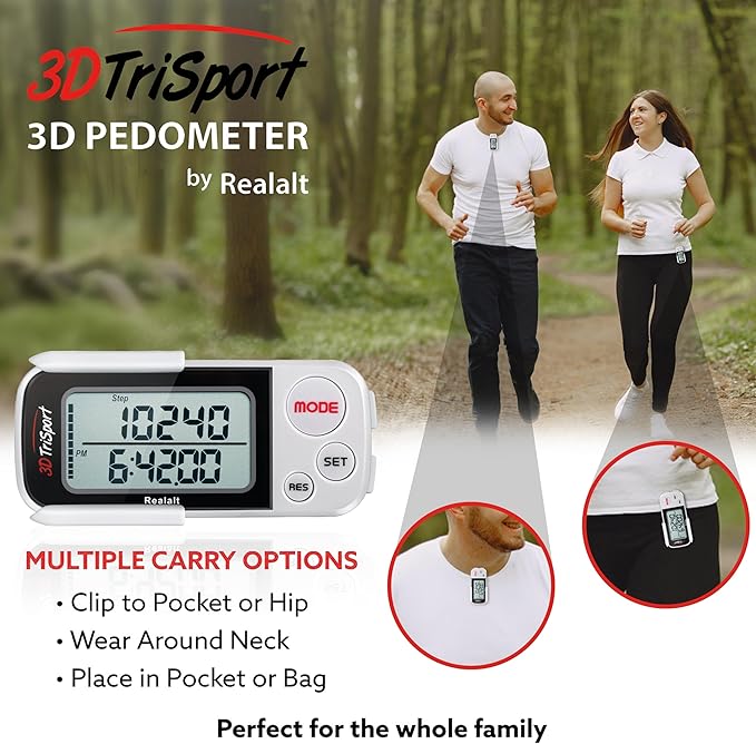 Realalt 3DTriSport 3D Walking Pedometer with Clip & Strap, Accurate Step Counter with 30-Day Memory, Distance in Miles/KM with Large Display Perfect for Seniors & Beginners, eBook Included
