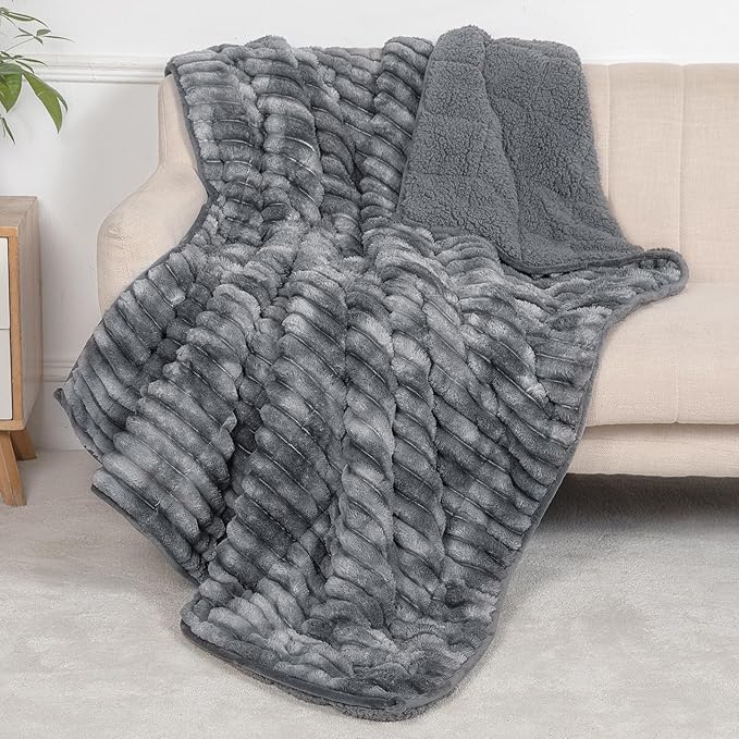 Sherpa Fleece Weighted Blanket with 3D Ribbed Stripes, 15 lbs Soft Flannel Heavy Throw Blanket for Couch Bed Sofa, Heavy Thick Blankets with Glass Beads, Great for Sleep, 48" x 72"