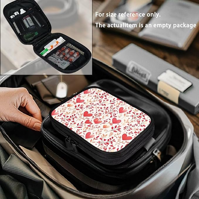 Heart Print Travel Medicine Case Leaves Weekly Pill Organizer Box Washable Small Vitamin Storage Bag Portable Supplement Holder with Zipper