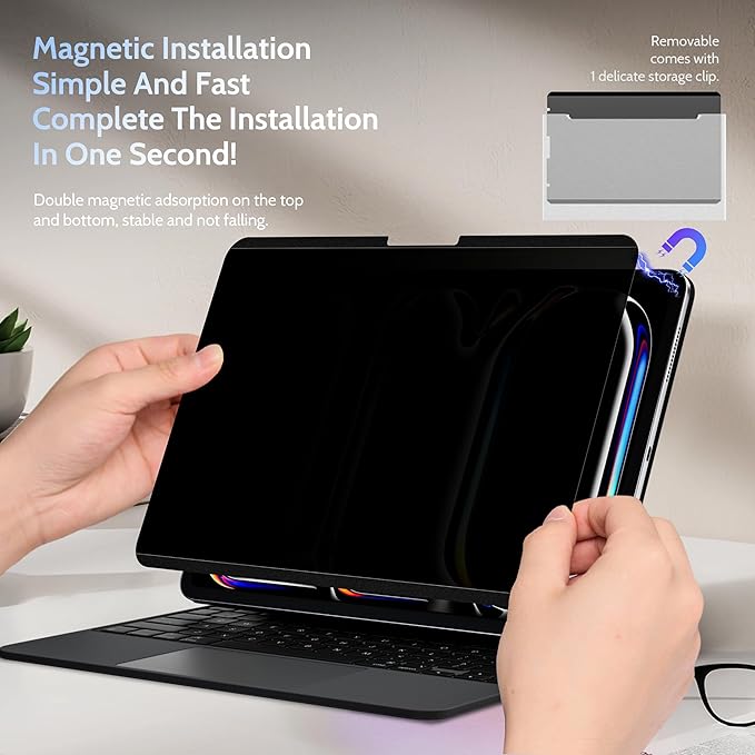 4-Way Magnetic Privacy Screen for iPad Pro 13 Inch M4/M5 [2024/2025 7/8th Gen], 360 Removable Anti Blue Light Glare Spy Filter, High Sensitive Bubble-Free Black Security Screen Protector