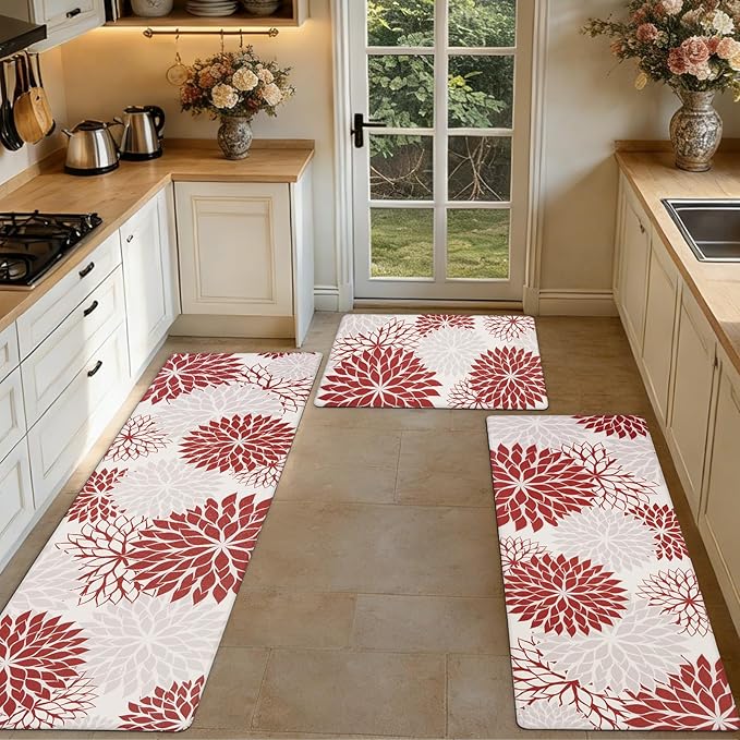 PVC Anti-Fatigue Kitchen Mats Set of 3, Non-Slip Kitchen Rugs, Comfort Standing Runner Rug, Multipurpose Indoor Mats for Laundry, Office, Bedroom, Sink, Bathroom, red