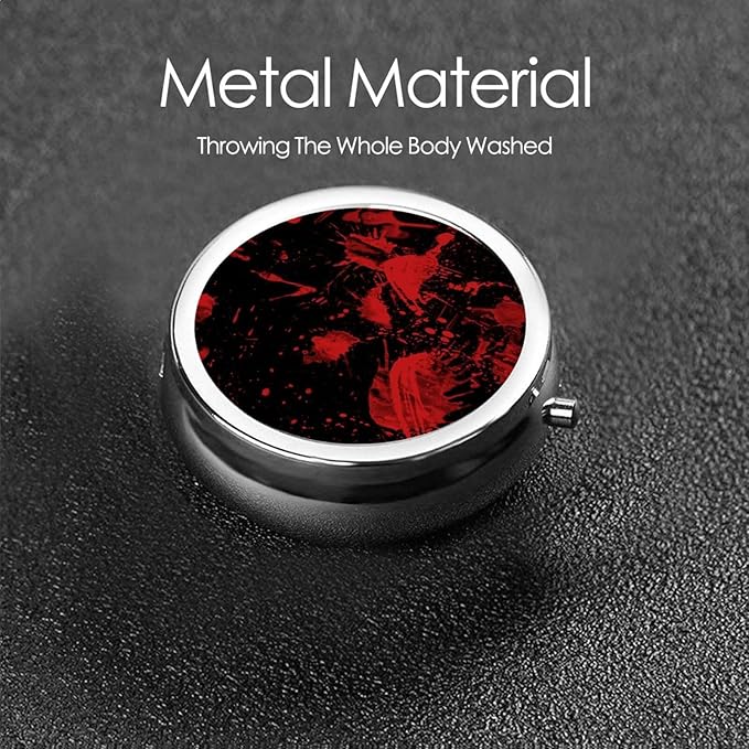 Round Pill Case Pill Box with Mirror Silver Pocket 3 Compartment Medicine Case Vitamin Pill Organizer for Pocket Purse and Travel Gifts, Classic Horror Blood Splatter Black Red
