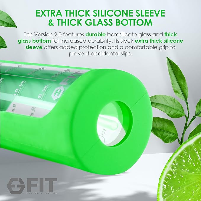 FIT Strong & Healthy 32 oz Glass Water Bottle with Straw Lid - Wide Mouth Borosilicate Glass Water Bottles with Time Marker, Silicone Sleeve & Extra Lid - 1L Large Motivational Drinking Bottle