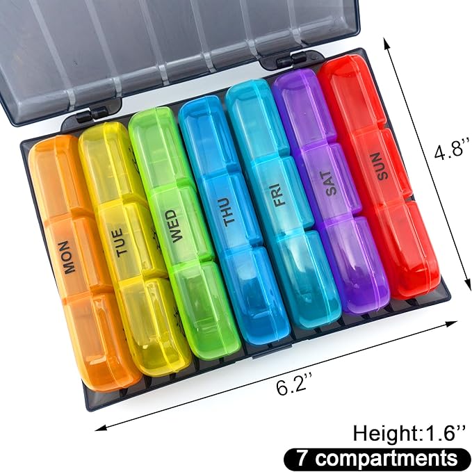 Quacc 1 PCS Weekly Pill Box Organizer 7 Day 3 Times Portable Travel Medicine Pill Organizer Tablet Box for Gel Capsules, Fish Oils, Vitamins, Supplements (Colorful)
