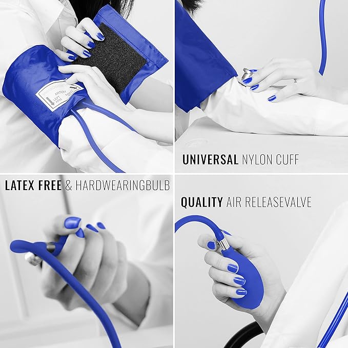 ASA TECHMED Manual Blood Pressure Monitor - Aneroid Sphygmomanometer for Nurses, Universal Standard Blood Pressure Cuff, Nurse Essentials with High-Molecular Velcro Nylon Arm Cuff (Royal Blue)