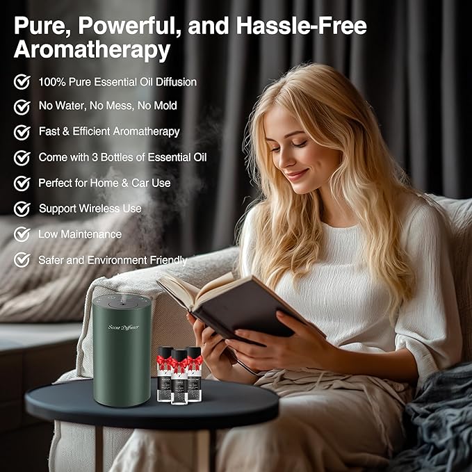 Waterless Essential Oil Diffuser Starter Kit - No Water Needed, Battery Operated Mini Scent Air Machine, Included 3x20ML Essential Oils, Portable Aromatherapy Diffuser for Home & Car & Office, Green