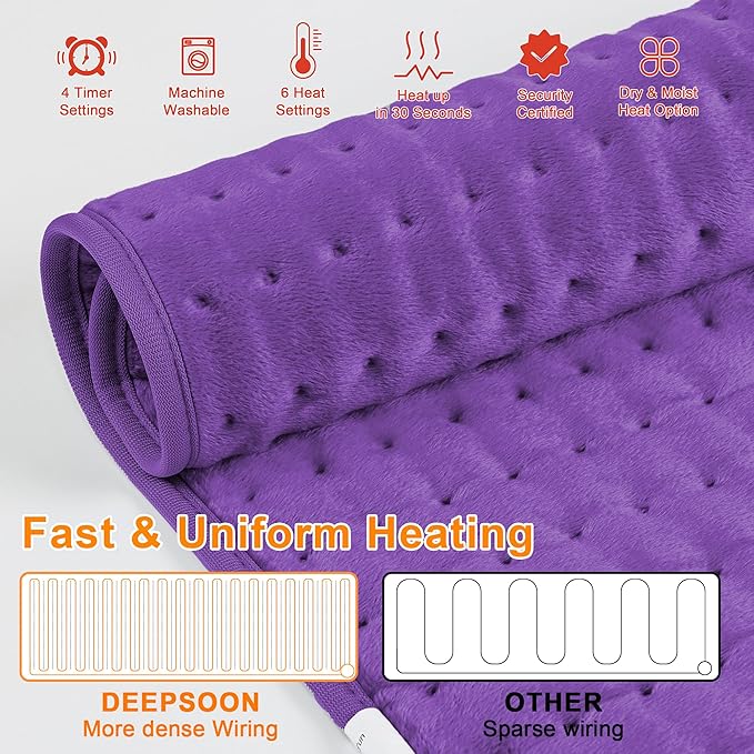 Deepsoon Heating Pad,Electric Heating Pads for Back,Neck,Abdomen,Moist Heating Pad for Shoulder,Knee,Arms,Legs,Dry/Moist Heat & Auto Shut Off,Christmas Gifts for Men and Women,Dark Purple,24x12 Inch