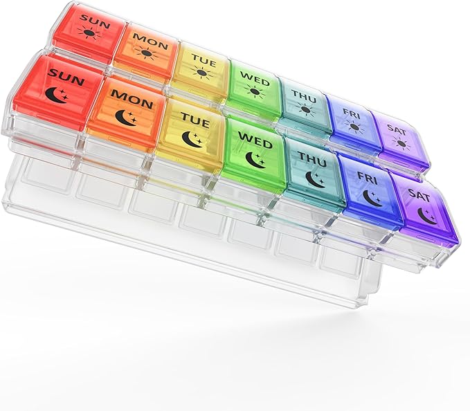 Fullicon Large-Capacity Pill Organizer 2 Times a Day, Fast-Refill Medicine Pill Organizer, Pill Box, Travel Pill Box, Medicine Organizer, AM PM Weekly Pill Case (Clear Rainbow) Patent Pending