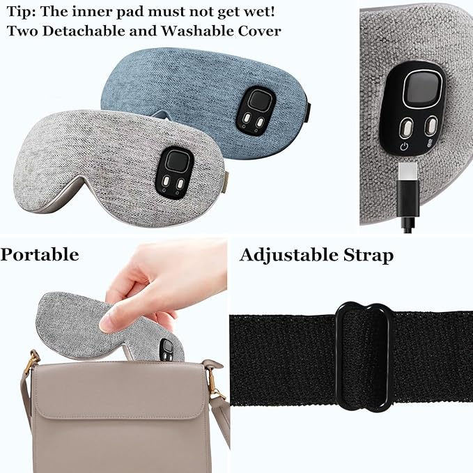 Heated Eye Mask - Cordless Eye Mask for Dry Eyes, Eye Relief, Improved Sleep, Washable Eye Heating pad for Travel Removable for Cleaning and 2 Covers, 4-Level Timing and Temperature (Gray)