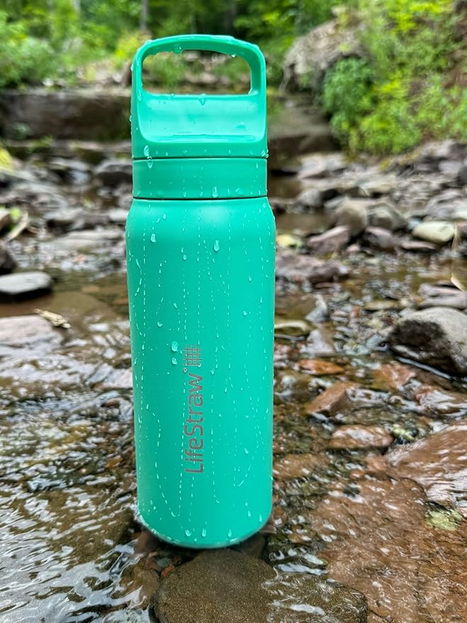 LifeStraw Go Series – Insulated Stainless Steel Water Filter Bottle for Travel and Everyday Use, Removes Bacteria, Parasites and Microplastics, Improves Taste, 24oz Cactus Green