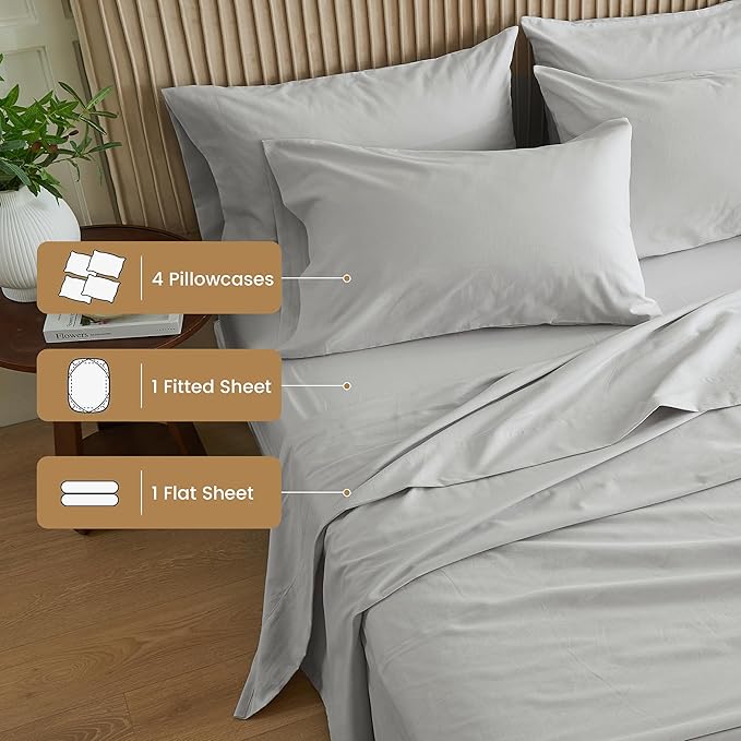 Simple&Opulence Belgian Linen Sheet Set Solid Color - 6 Pieces (1 Flat Sheet & 1 Fitted Sheet & 4 Pillowcases) 16" Deep Pocket Natural Flax Cotton Blended Soft Bedding - Khaki Grey, King Size
