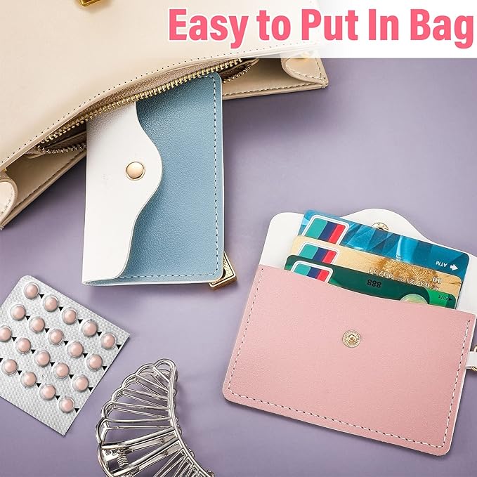 Tondiamo 2 Pack Birth Control Pill Case Holder PU Leather Pill Sleeve Packet 4.33 x 3 Inch Discreet Birth Control Pouch with Snap Closure Key Ring for Pills Card Organizer(Pink, Blue)