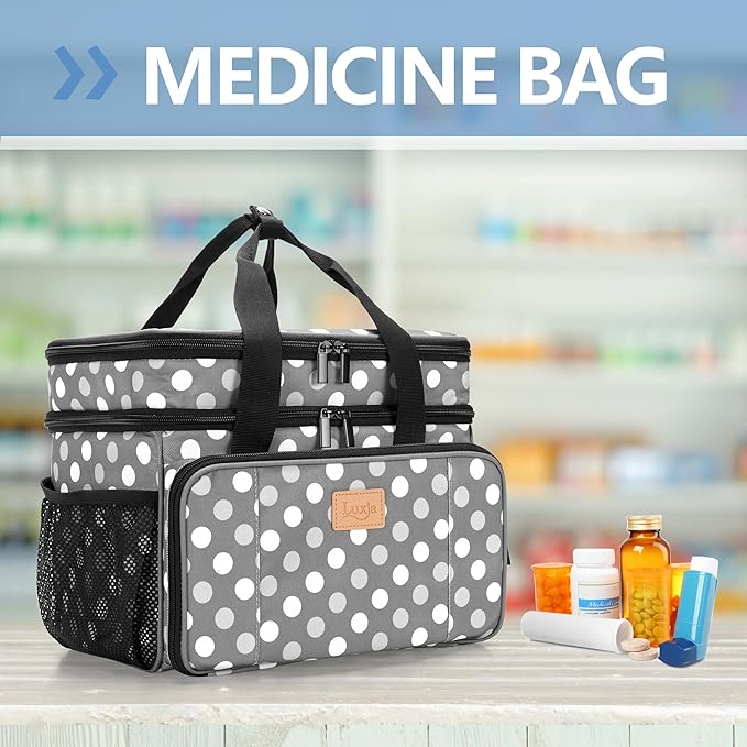 LUXJA 2 Layers Medicine Bag with Detachable Divider, Pill Bottle Organizer Suitable for Home or Travel Use, Gray Dots