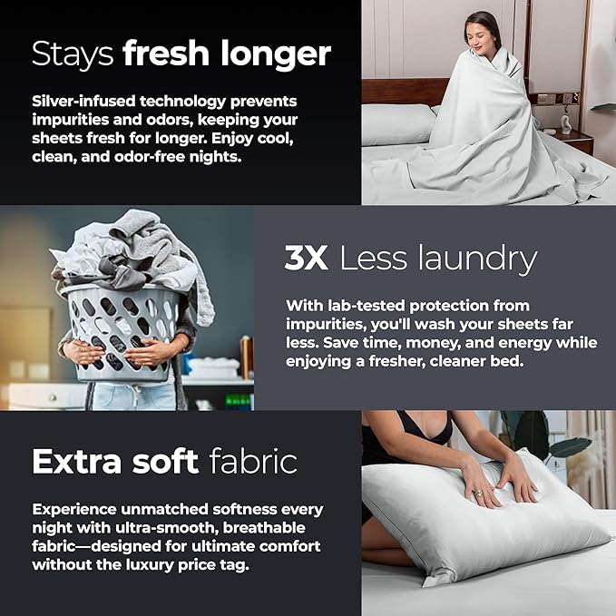 Silvery Silver Infused Bed Sheets Set - Ultra-Soft Temperature-Regulating Fabric with Self-Cleaning Technology™ That Stays Fresh 3X Longer for Hygienic Sleep