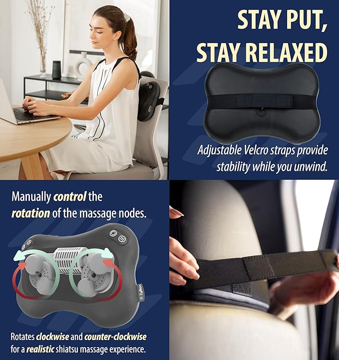 Zyllion Shiatsu Back and Neck Massager with Heat - Cordless Rechargeable 3D Electric Kneading Deep Tissue Massage Pillow with 2 Speeds for Muscle Pain Relief, Black, ZMA-34RB