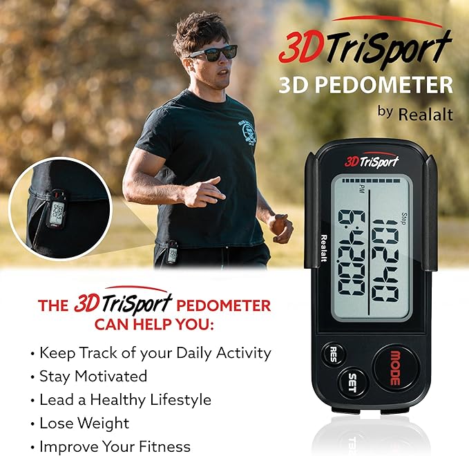 Realalt 3DTriSport 3D Walking Pedometer with Clip & Strap, Accurate Step Counter with 30-Day Memory, Distance in Miles/KM with Large Display Perfect for Seniors & Beginners, eBook Included