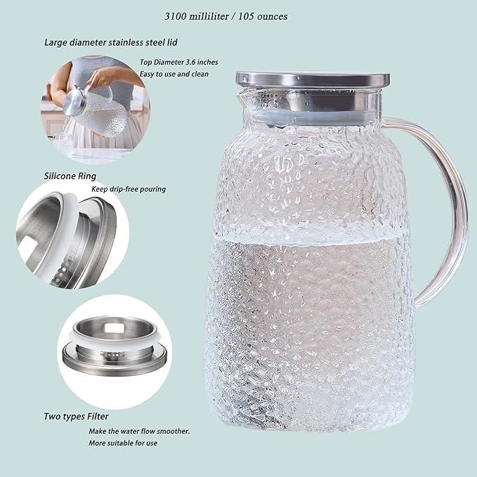 Purefold 105 oz Glass Water Pitcher with Lid, Heat Resistant Borosilicate Jug for Iced Tea, Juice, Milk, Cold or Hot Beverages, Large Caliber Pitchers Easy Clean