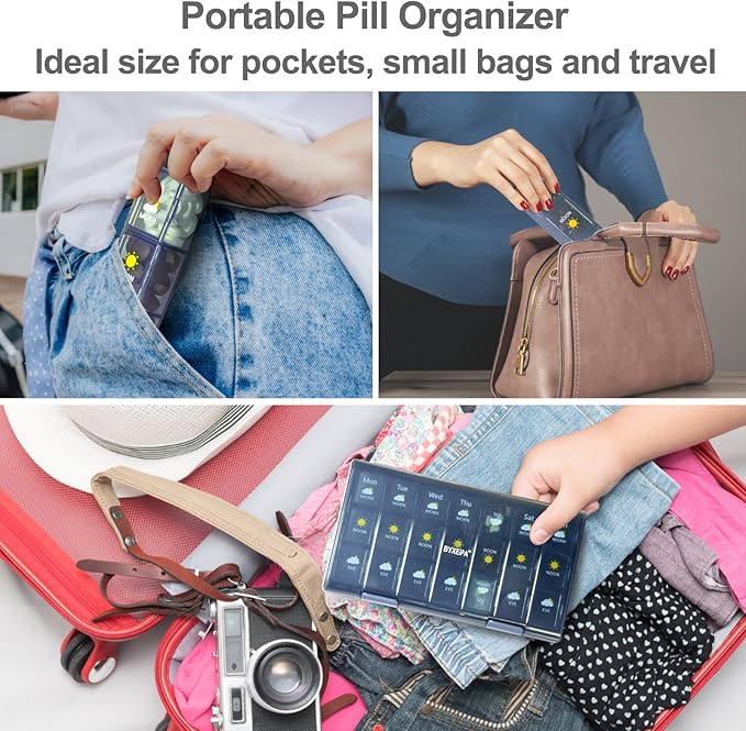 Pill Organizer 3 Times a Day, Daily Pill Box with Morning Noon Night Compartments, Portable Medicine Organizer for Travel, Work & Home (Blue)