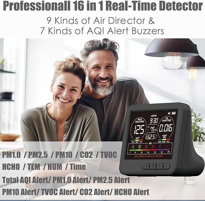 Professional Indoor Air Quality Monitor with 7X AQI Alarms,16 in 1 Portable Real-Time Detector for PM2.5 | PM10 | CO2 | TVOC | HCHO | Temp | Hum for Home Cars Plants Pets (Black)