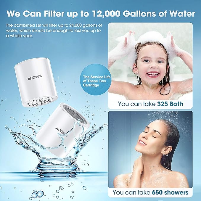 ADOVEL Universal Shower Filter Replacement Cartridge, 15 stage, High Output, With Effective KDF, Vitamin C, Removing Chlorine, Heavy Metals, Sulfur Odor, Pack of 2
