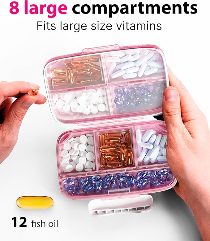 Travel Pill Organizer - Airtight Medicine Case for Traveling Portable Pharmacy Box with Labels Vitamin Container 8 Compartment Supplement Medication Holder Large Capacity Daily (Pink)